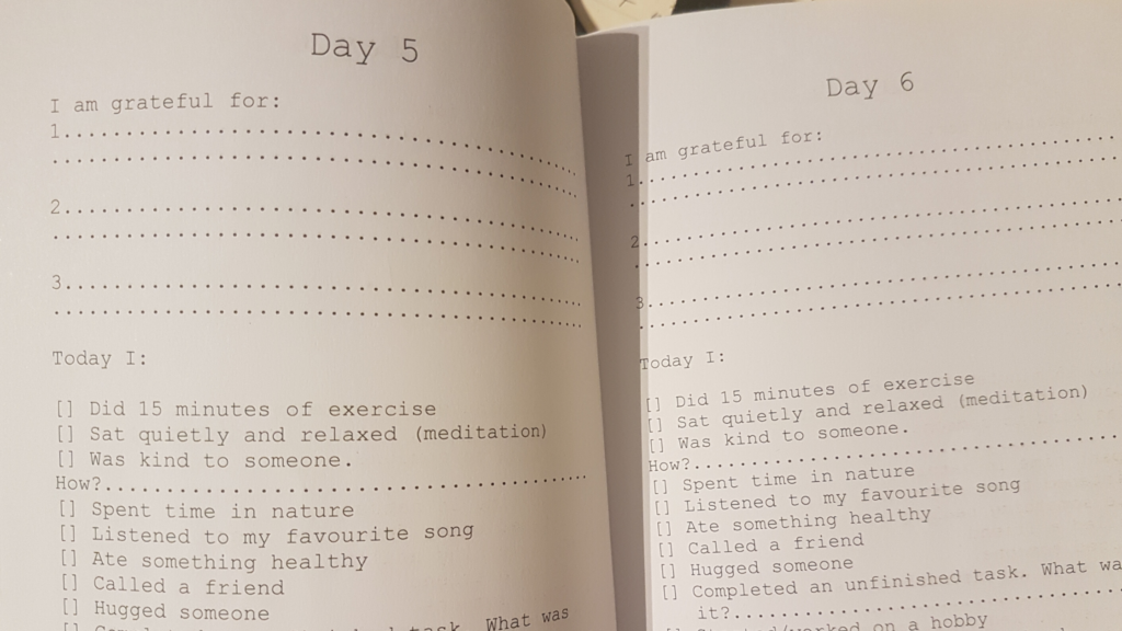 In deciding how to choose a happiness journal, consider whether you'd prefer dates or numbers.
The interior of Everyday Happy on days 5 and 6.